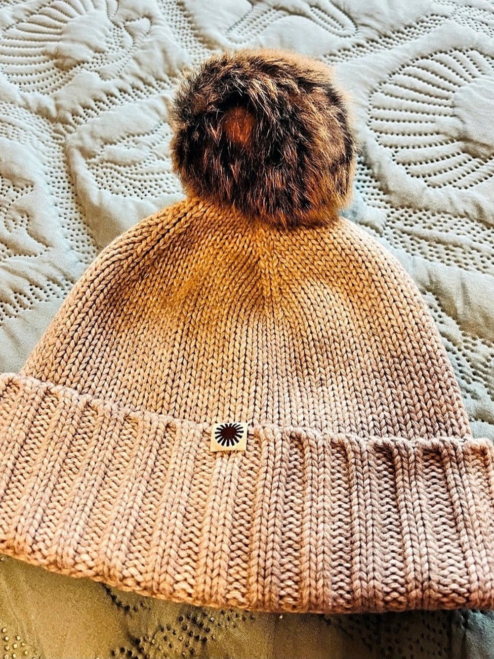 UGG Unique Pom Knit Hat in Gray and Beige with Shearling Pom Pom
